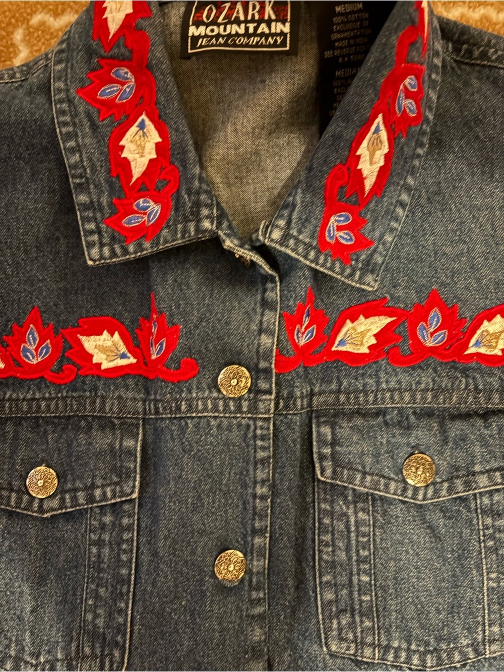 Vintage Embroidered Denim Vest - Red Accents - Picture 4 of 4